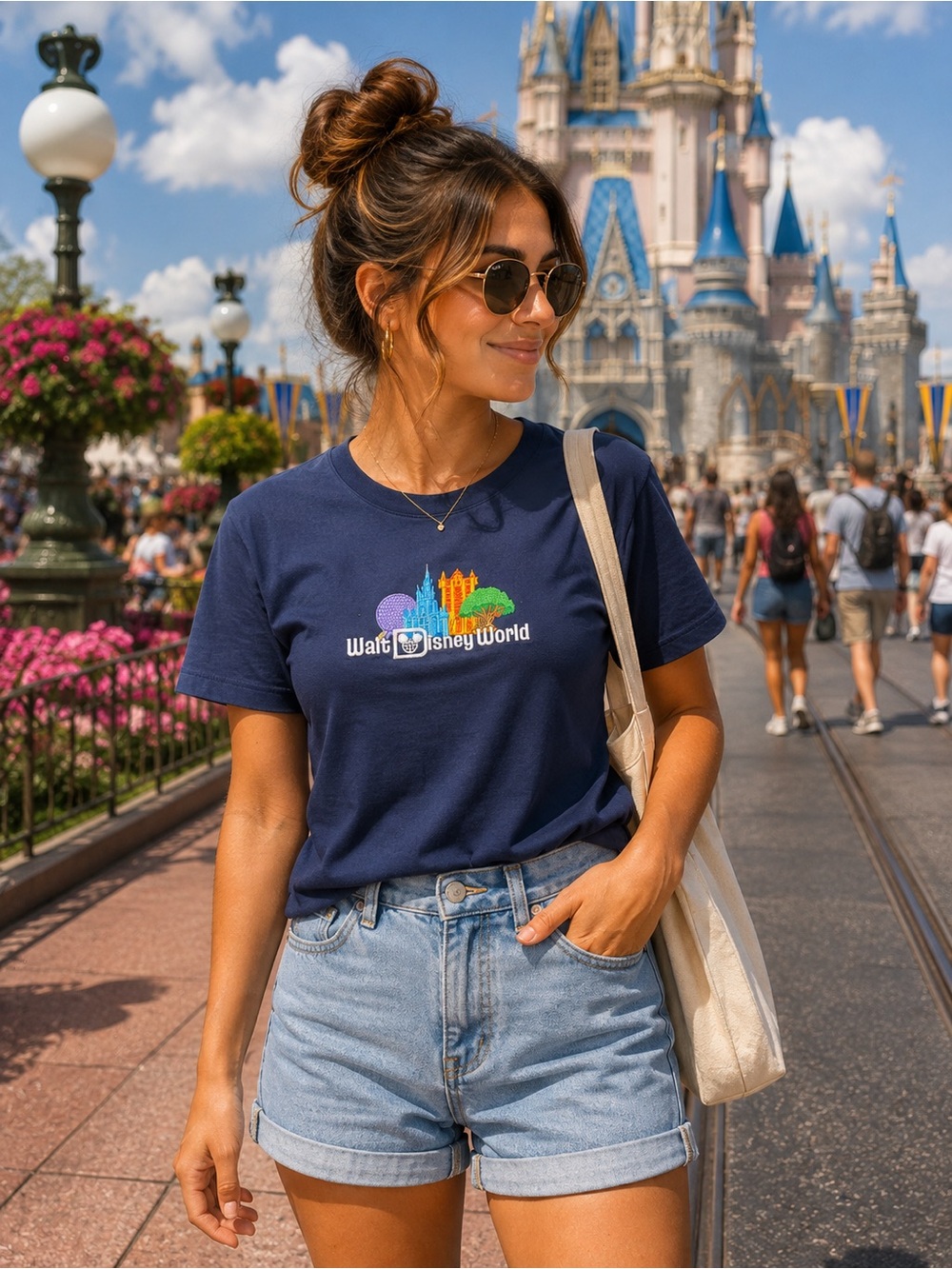 Disney Parks Walt Disney World Icons Embroidered Graphic T-Shirt Navy Blue